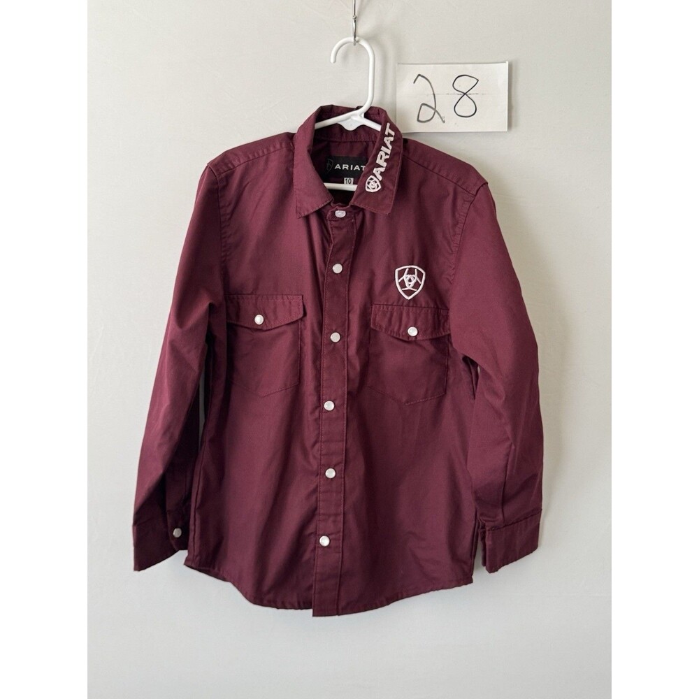 Ariat Youth Burgundy Western Snap Shirt Size 10 Embroidered Logo Rodeo